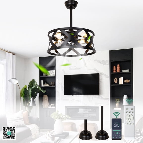 Cusp Barn 20 inch 7-blade Industrial Caged Ceiling Fan with Lights and Remote, Reversible Fandelier Bladeless Ceiling Fan for Bedroom