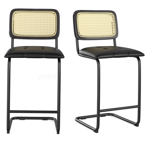 Set of 2 Counter Height Bar Stools, 26 Inch Armless Kitchen Stools with PU Leather Seat and Rattan Back, Modern Bar Chairs in Black