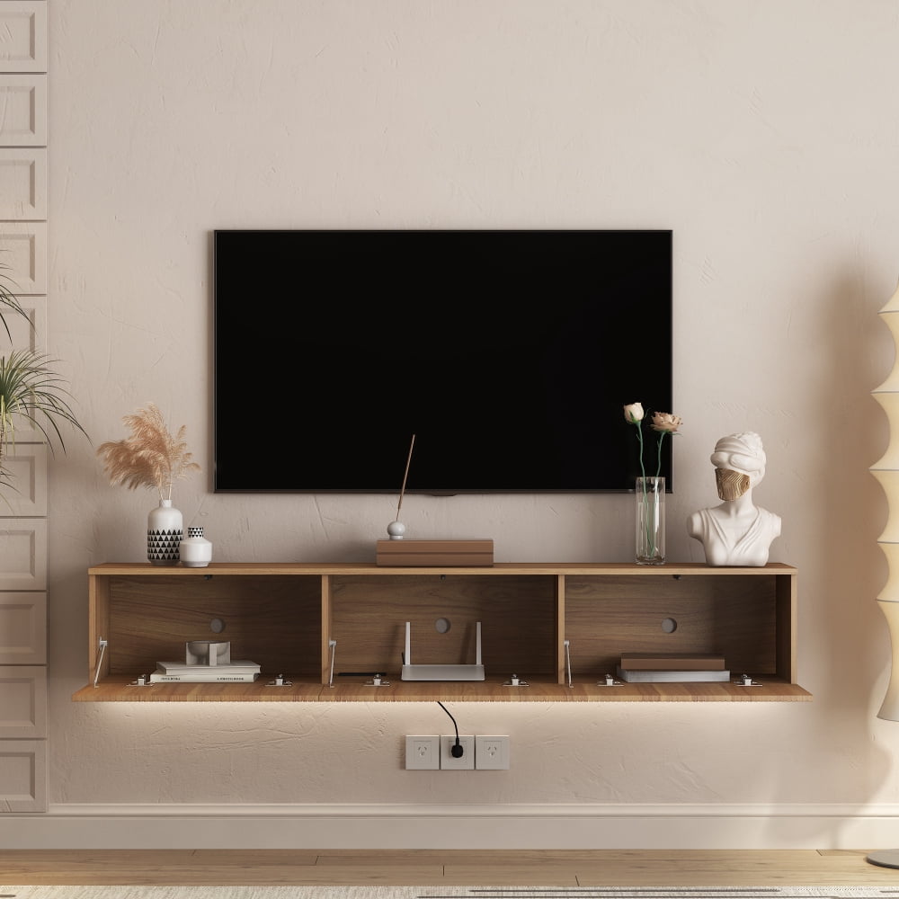 67" Floating TV Stand with 16-Color LED Lights, Wall Mounted Entertainment Center for 55/60/65 Inch TVs, Wood Finish