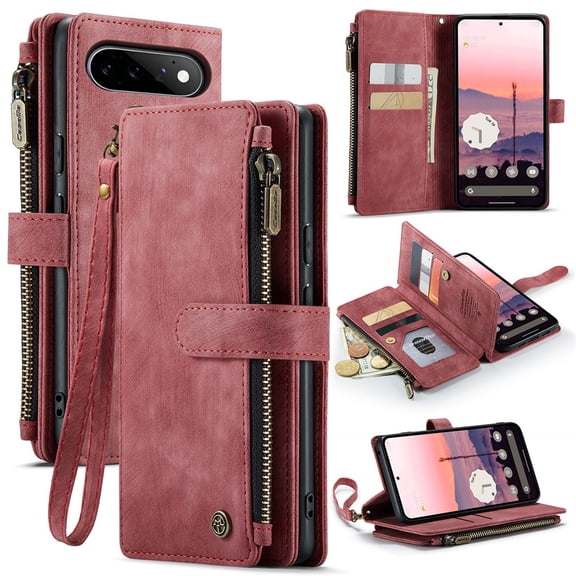 CaseMe Case for Google Pixel 11 Pro XL Wallet Case for Women Men, Fashion Durable PU Leather Magnetic Flip Lanyard Strap Wristlet 10-Card Holder Zipper Wallet Phone Case,Red