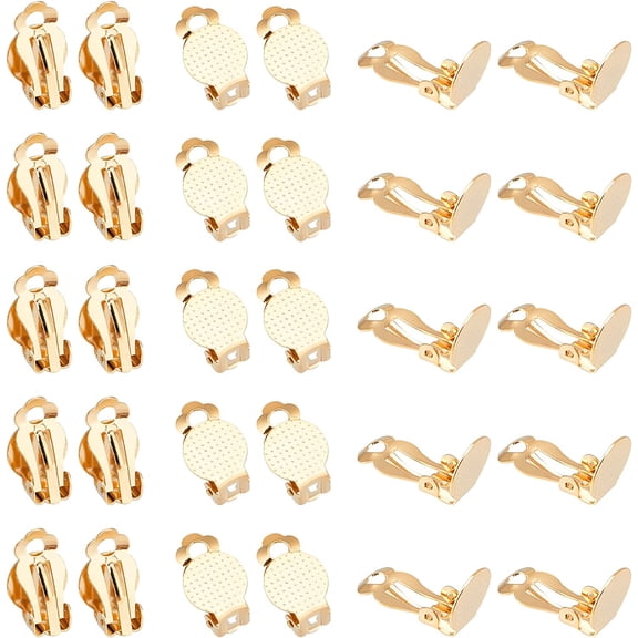 1 Box 30pcs Golden Clip-on Earring Findings with Flat Round Tray 304 Stainless Steel Clip-on Earring Components Non-Pierced Earrings for DIY Jewelry Making