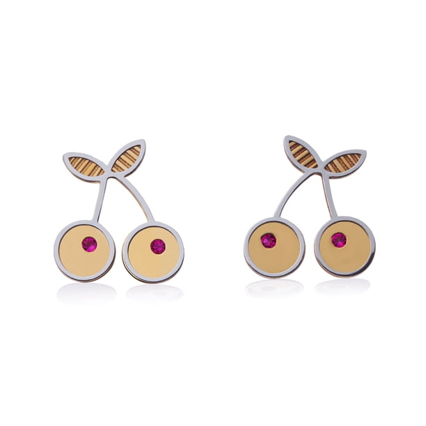 Aretes de oro 14k GIALLO Broquel GIALLO COLLECTION Cerezas de oro amarillo y oro blanco con cortes diamantados y circonias rojas
