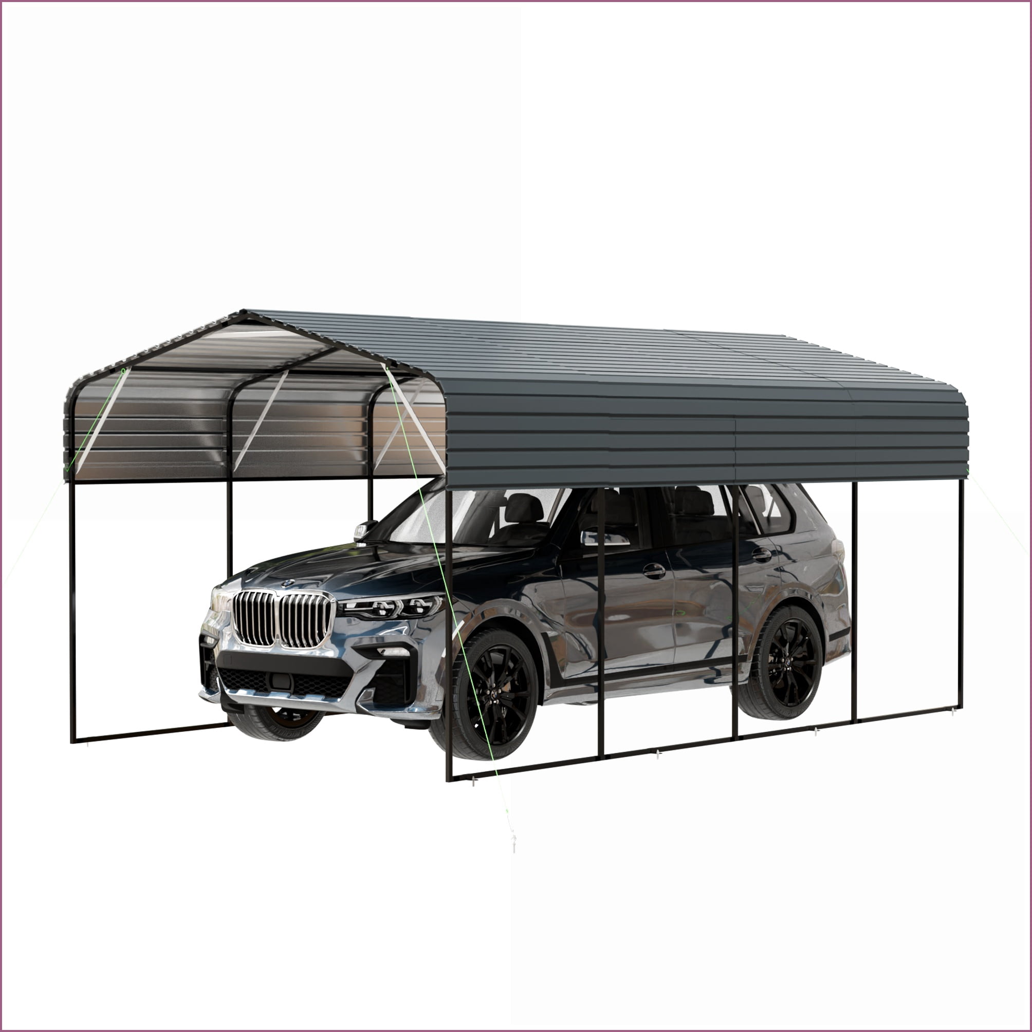 Carports | 11x19 FT Modern Heavy Duty Metal Carport, Galvanized Steel Roof for Parking, Storage Workshop, Black Frame | Gray | Steel