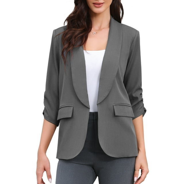 Blazer de oficina INSPIRE CHIC para mujer con cuello chal, mangas 3/4 fruncidas, blazer de traje elegante XS gris oscuro