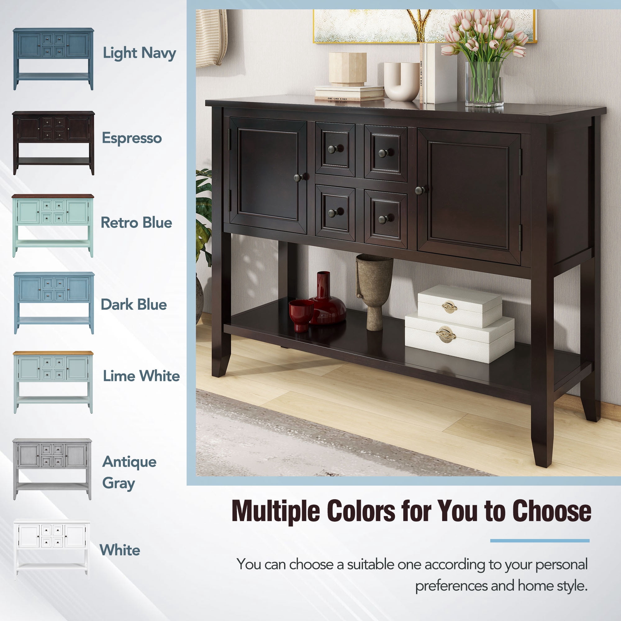 EUROCO 44.5" Console Table Sofa Table, Solid Wood Entryway Table with 4 Small Drawers, 2 cabinets and Bottom Shelf for Living Rooms, Entrances and Kitchens,Espresso
