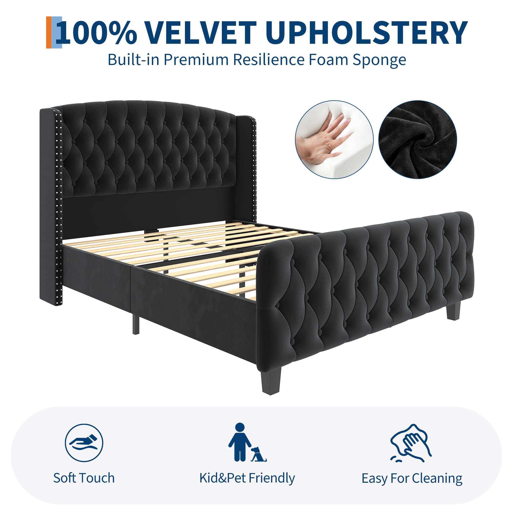 Velvet King Size Bed Frame with Tufted Wingback Headboard, 51” Tall Platform Bed, No Box Spring Needed, Easy Assembly, Black