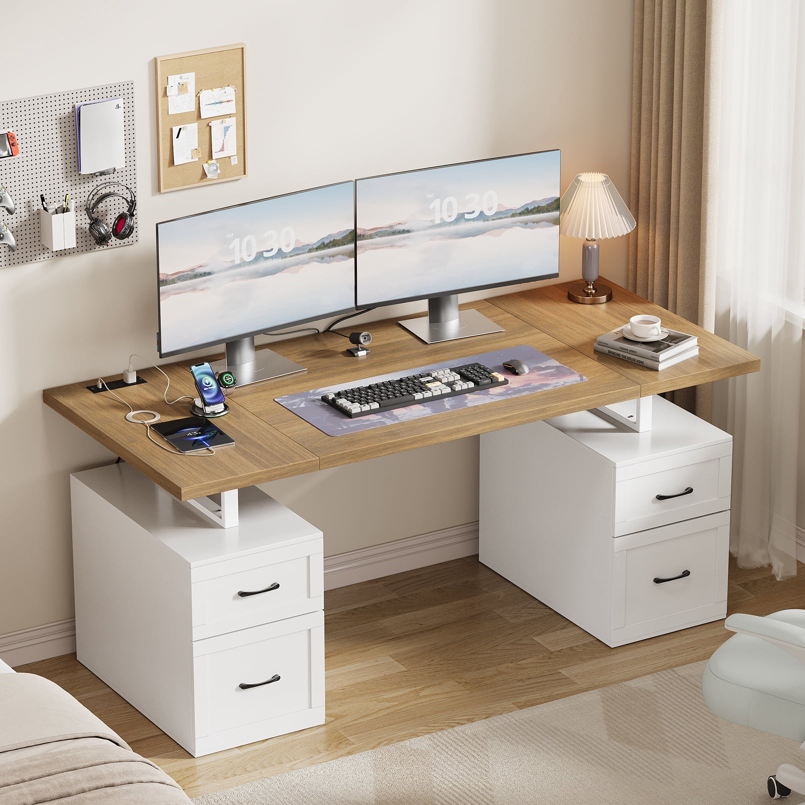 Vividwood Executive Desk — 70'' Home Office Computer Desk with Drawers, Desk with Adjustable File Drawer, Privacy Panel, Built-in Power Outlets