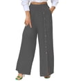 thumbnail image 2 of Cotton Linen Straight Wide Leg Pants for Women High Waist Side Slit Palazzo Pants with Pockets Solid Color Button Casual Ankle Trousers, 2 of 6