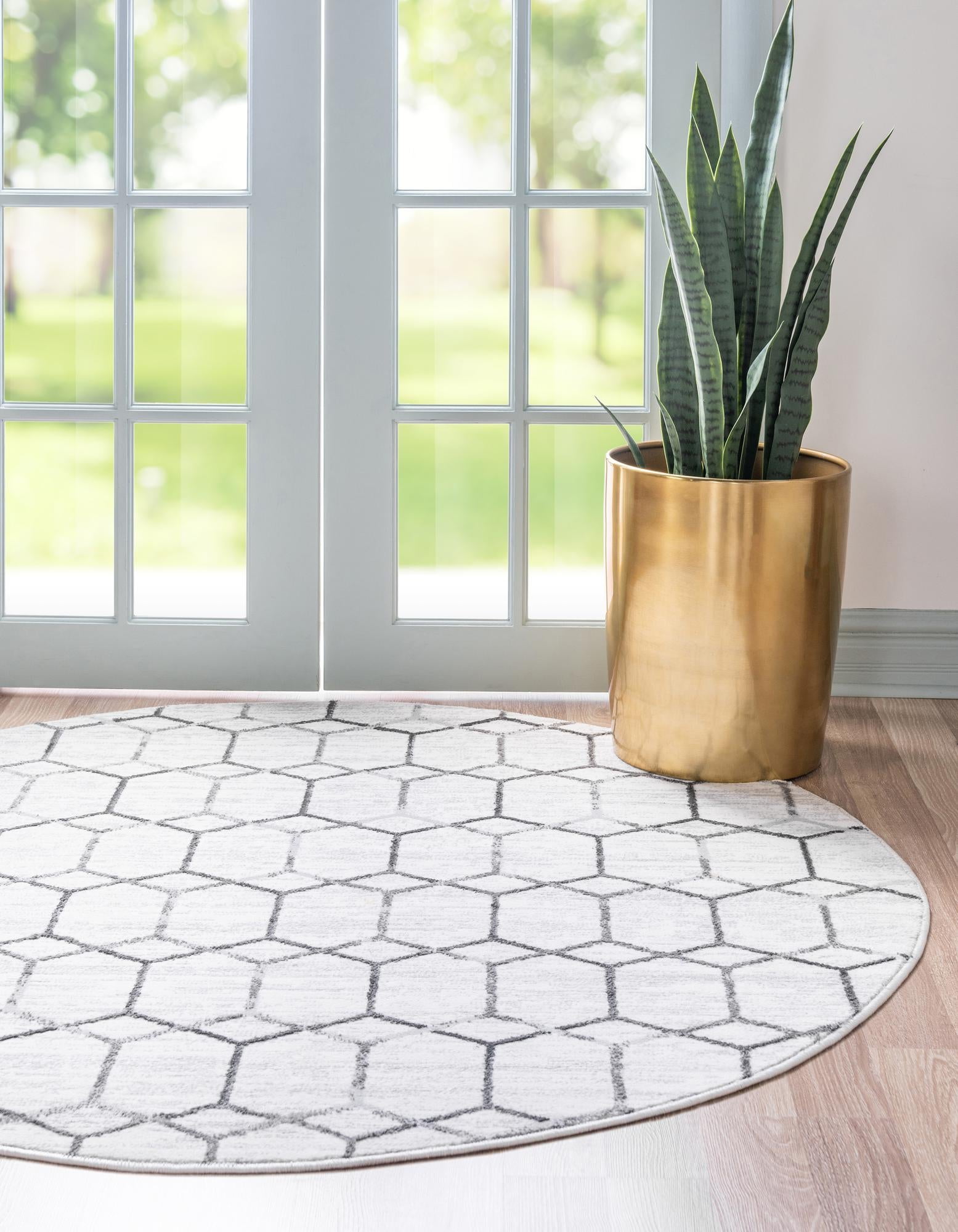 Lattice Trellis Collection Rug 5 Ft Round White LowPile Rug