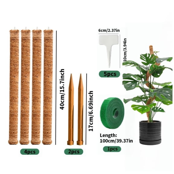 10-Pack bag with 1 Ties   5 Labels, 4-Pack 15.7-Inch Foldable Connectable Indoor Plant Support Stakes for Monstera, 63-Inch Tall Coco Coir Plant Poles - Ideal for Potted Plants, Pothos, Philodendron