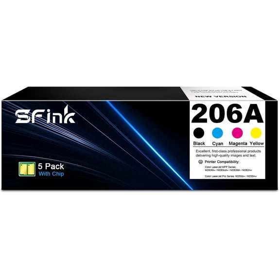 206A Toner Cartridges 5 Pack - with Chip Compatible for HP206A 206X W2110A W2110X for Color Laserjet Pro MFP M255dw M283fdw M283cdw M283fdn M282nw M283 Series Printer Ink
