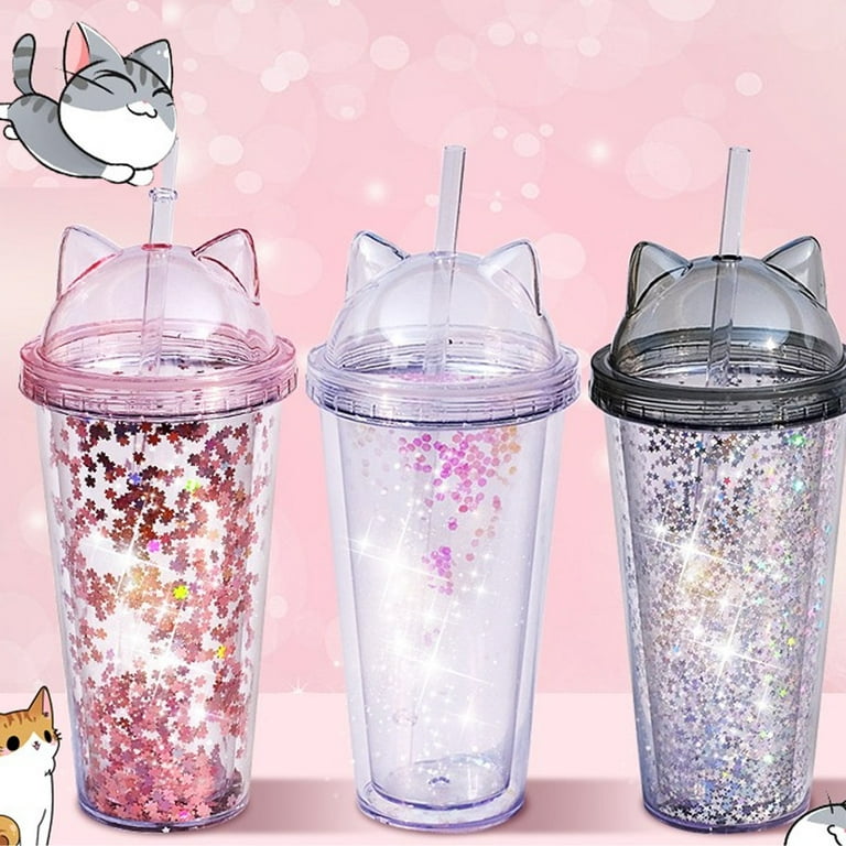 Straw Cup with Lid Reusable Rhinestone Stainless Steel Double