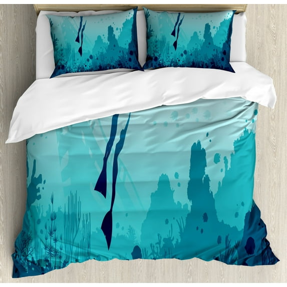Deep Sea Duvet Cover Set King Size, Silhouette of 2 Freedivers Coral Reef Fish and Sunken Ship, Decorative 3 Piece Bedding Set with 2 Pillow Shams, Dark Teal Dark Seafoam Seafoam, by Ambesonne