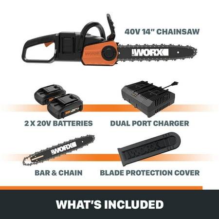 WORX - WG384 40V 14" Cordless Chainsaw with Auto-Tension (2 x 2.0 Ah Batteries & 1 x Charger) - Black