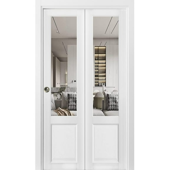 Sliding Closet Bi-fold Doors | Lucia 1533 White Silk with Clear Glass
