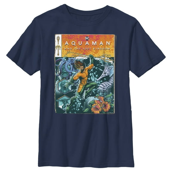Boy's Aquaman and the Lost Kingdom Comic Book Cover  Graphic Tee Navy Blue Medium