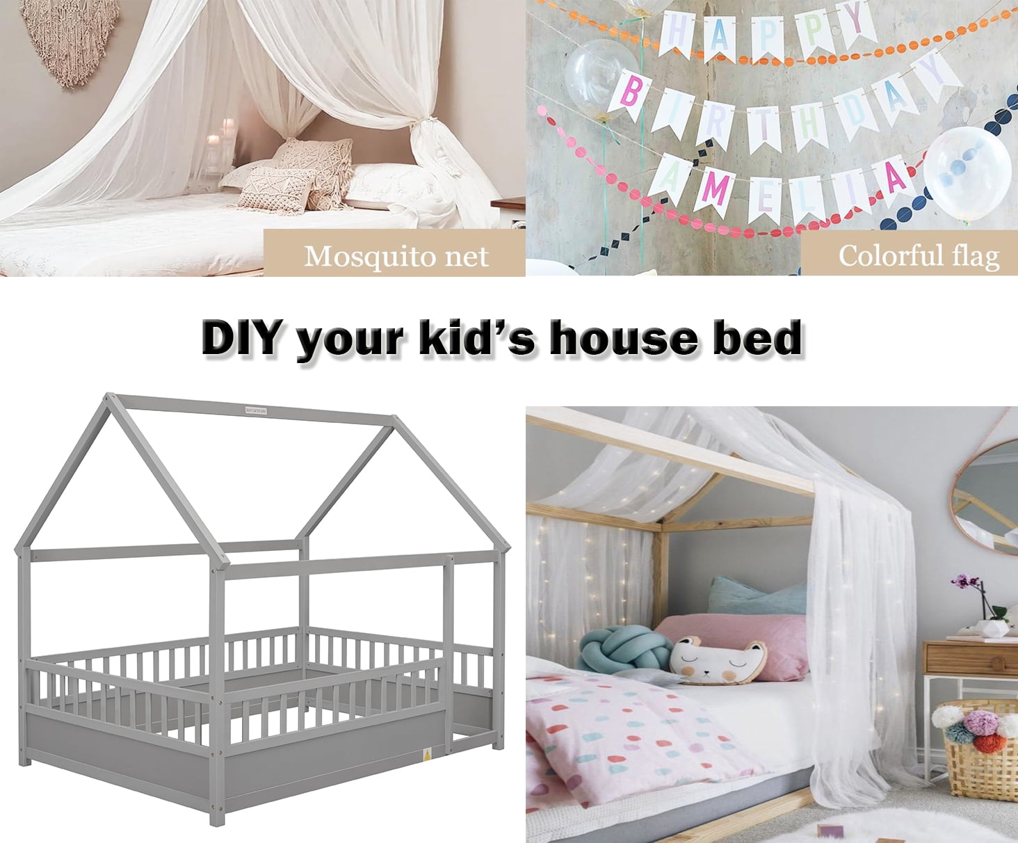 Bellemave Full Size House Floor Bed with High Fence Guardrails Wooden Playhouse Bed Frame  Floor Bed with Roof Montessori House Bed Frame, (Full, Gray)