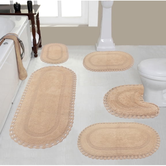 Home Weavers Hampton Crochet Bath Mat 100% Cotton Reversible Bathroom Rug Set Machine Washable Bathroom Rug, Bath Rug, U Shaped Contour, Runner, Bathroom Rug, Linen Color 5 Piece Bath Carpet set