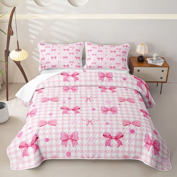 spefrowx Kawaii Pink Bow Gingham Twin Quilt Set for Girls, Pink Checkered Dot Twin Coverlet Set, 2pcs