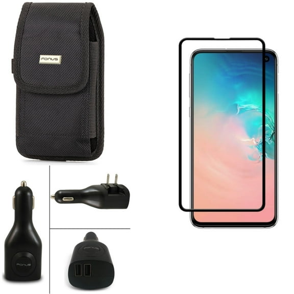 Galaxy S10e Car Home Charger w Case Belt Clip w Screen Protector - 2-Port USB 2-in-1 Power, Swivel Holster Rugged, Tempered Glass 5D Curved Edge for Samsung Galaxy S10e Phone
