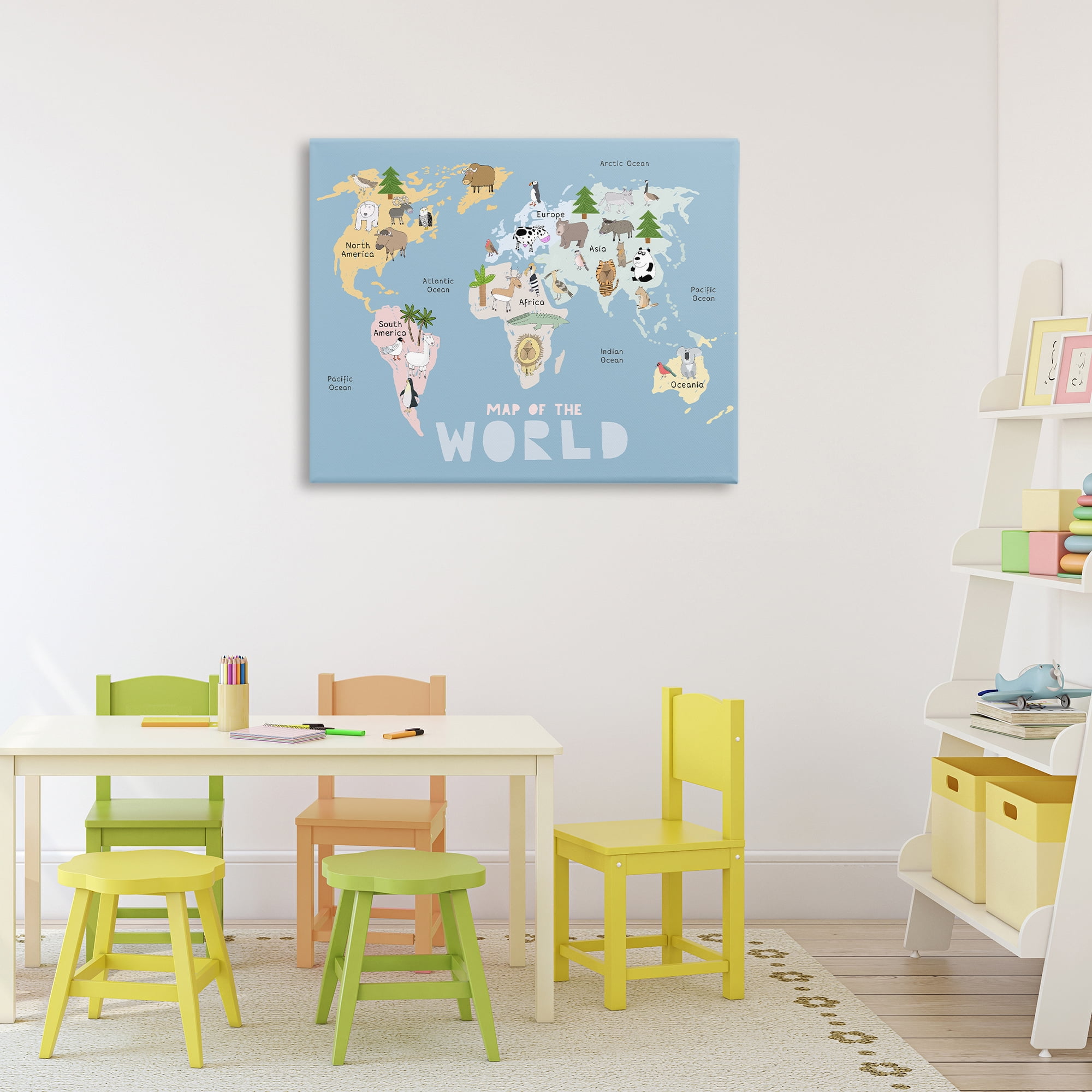 Kid's Map Of World Blue Canvas Wall Art, design by Carla Daly