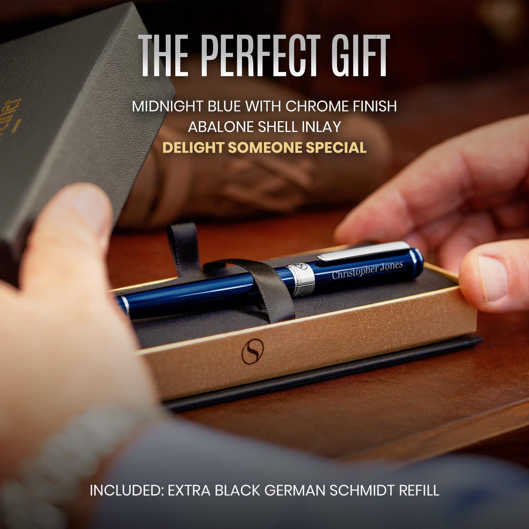Personalized Midnight Blue Rollerball Pen - Stunning Lacquer Luxury  Chrome Finish Schmidt Ink Refill Engraved Roller Ball Gift Set For Men & Women Custom Name Engraving