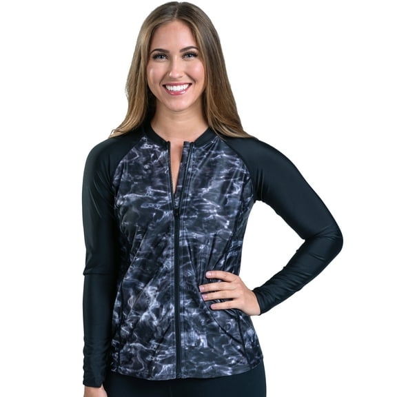 Aqua Design Womens Full Zip Long Sleeve Rash Guard: Front Zipper Swim Shirt: Black Water/Black Size Large