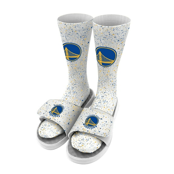 Men's ISlide White Golden State Warriors Team Logo Speckle Socks & Slide Sandals Bundle