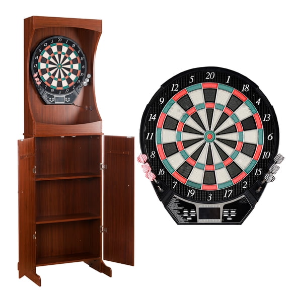 Hathaway Outlaw Electronic Dart Board Cabinet Set - 81-in Electric Dart Board with Cabinet - Professional Dart Board with 6 Soft Tip Electronic Darts, AC Adapter, and Dart Scoreboard - Cherry Finish