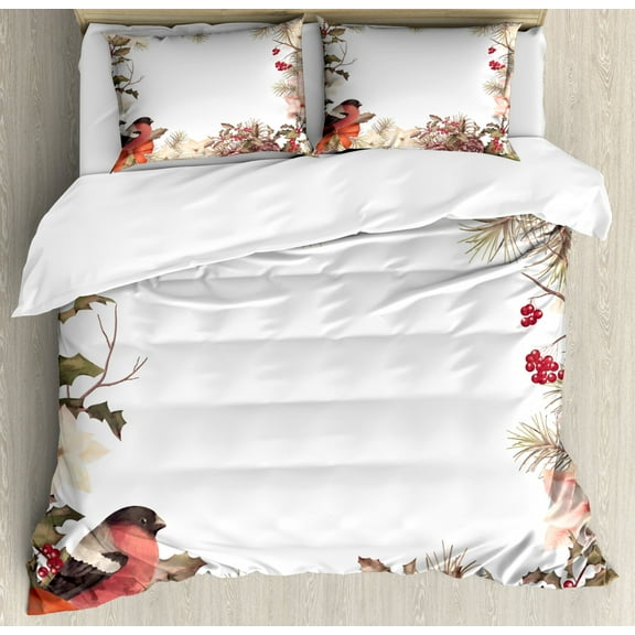 New Year Queen Size Duvet Cover Set, Eurasian Bullfinch Motif with Cedar Branch Holly Berries Vintage, Decorative 3 Piece Bedding Set with 2 Pillow Shams, Dried Rose Coral Pale Peach, by Ambesonne