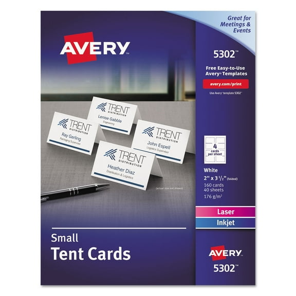Avery Small Tent Card, White, 2 x 3 1/2, 4 Cards/Sheet, 160/Box (5302)
