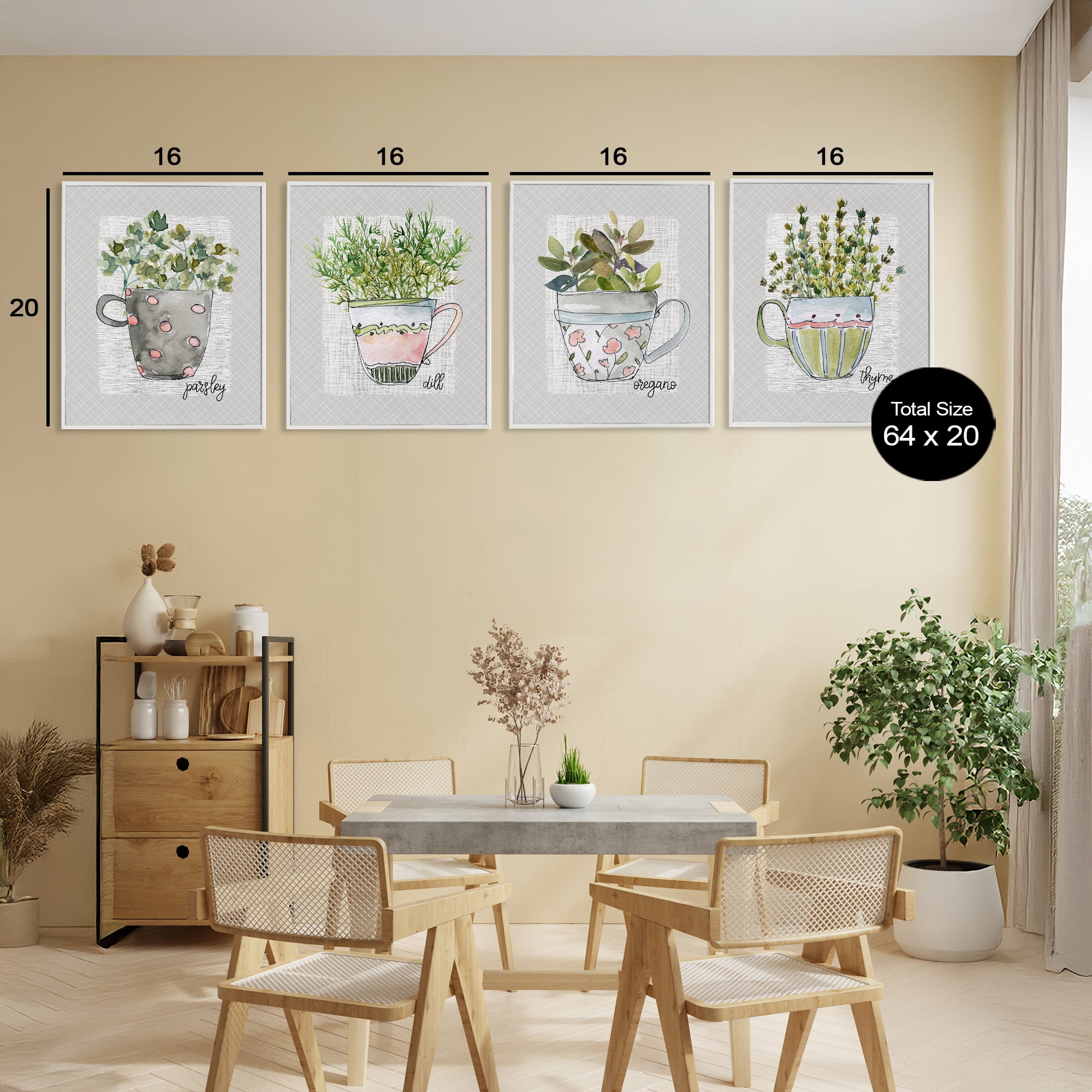 Stupell Industries Kitchen Herbs in Mugs 4 Piece White Framed Giclee Art Set, design by Livi Finn