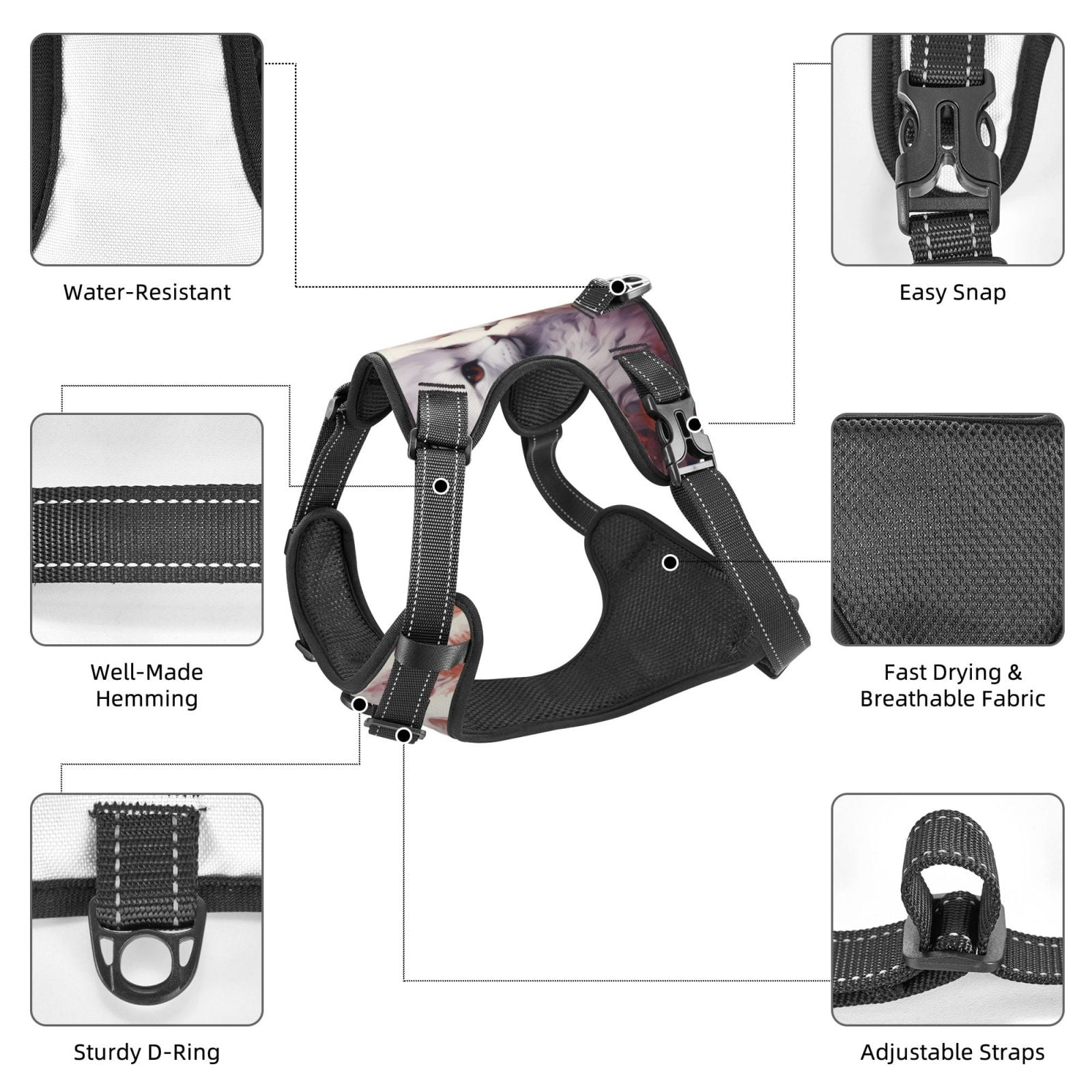 Vsdgher White Red Cat Couple Pattern Dog Harness,No Pull Pet Harness with Soft Padded Handle,Adjustable Reflective Vest with 2 Buckles,4 Slide Buckles,S-XL X-Large