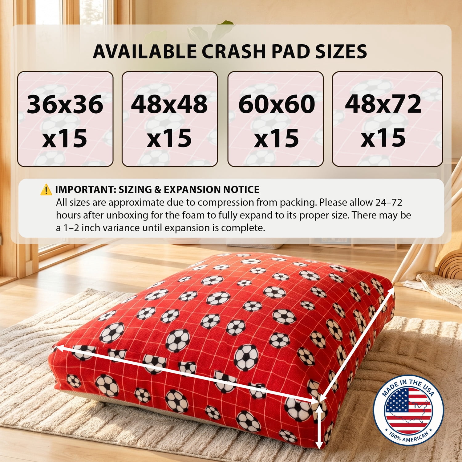 48" x 72" Sensory Crash Pad for Kids & Adults, Soft Fleece Foam Landing Mat, Non-Slip Bottom, Removable Washable Cover for Jumping, Gymnastics, Play and Relaxation
