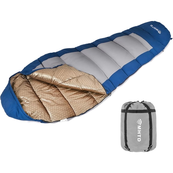 All-Season Navy Mummy Sleeping Bag for Adults, 0 ° C Rated, Cotton Canvas with Zipper, Compact Backpacking Design