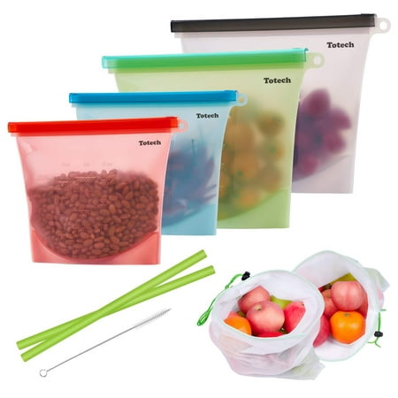 Reusable Silicone Food Storage Bags, 4 Pack Airtight BPA Free Snack Bags (2 Large & 2 Medium + Bonus Silicone Collapsible Straws & Produce Storage Bags) Baggies for Cooking, Sous Vide, Sandwich, (Best Meat To Sous Vide)