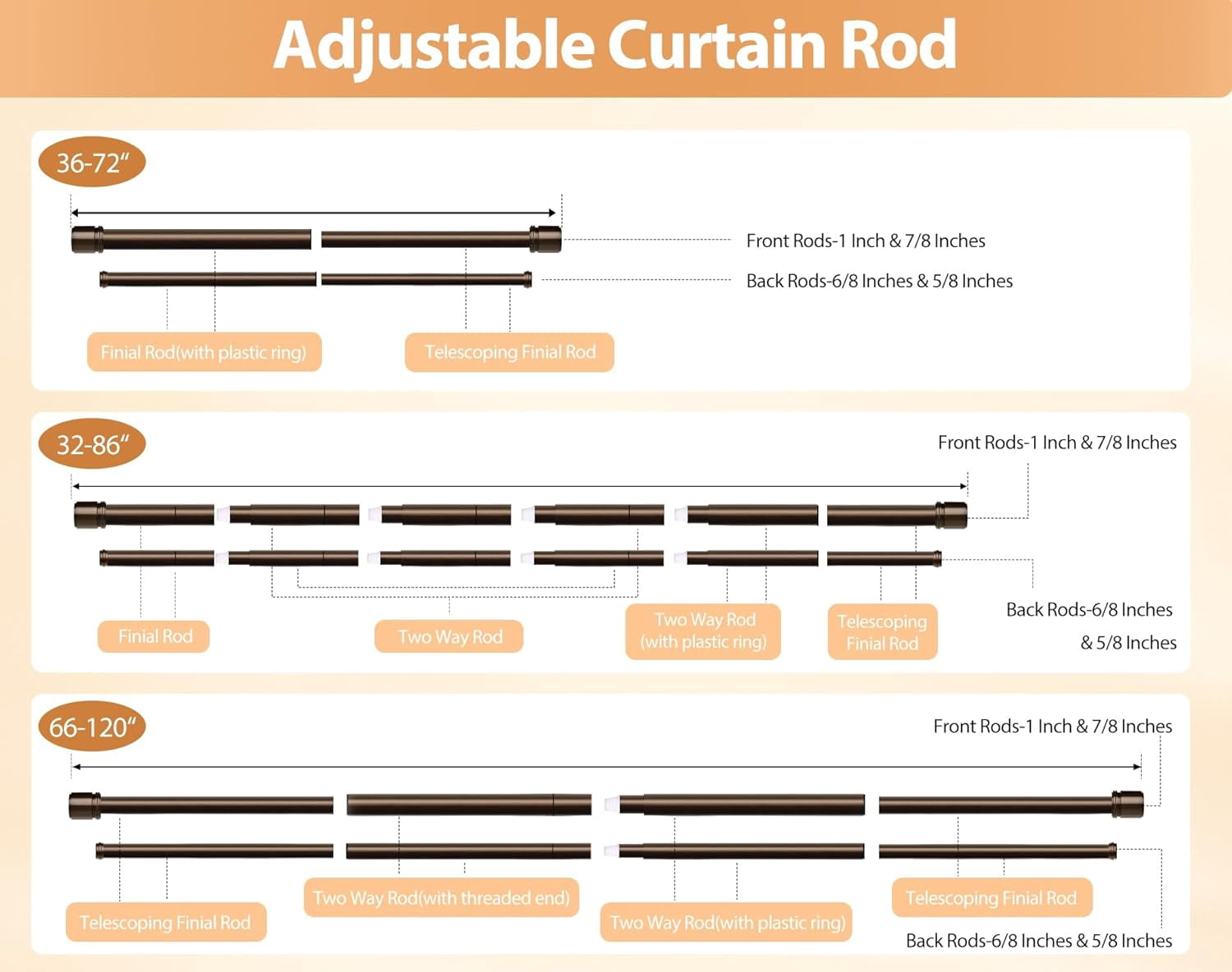 Double Curtain Rod 66 to 120 Inch,  1 Inch Heavy Duty Double Curtain Rods for Windows 54 to 116 Inches(4.5-9.6 ft), Telescoping Drapery Rod with Simple End Finials, Bronze