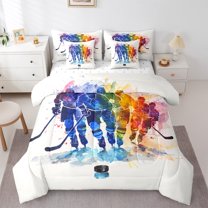 Manfei Watercolor Ice Hockey Bedding Comforter Set 7 Pieces, Modern Sports Lover Full Bedding Set, Teenager Boys Girls Reversible Fitted Sheet Flat Sheet, Ultra Soft Home Decor