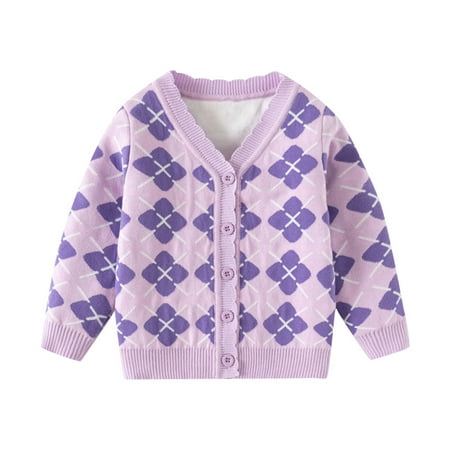CYRBOKO Toddler Girl s Cardigans Printed Cotton Long Sleeve Knit Winter Clothing Purple Size 4-5 T