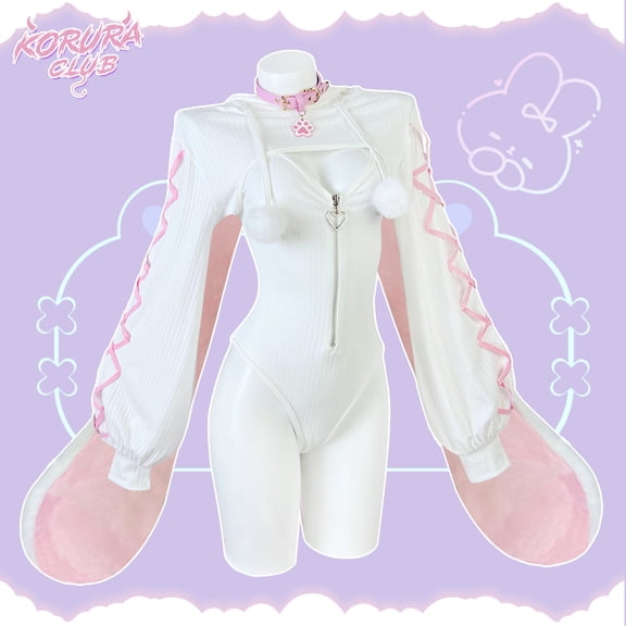 KORURACLUB Heart-Lock Floppy Bunny Jumpsuit Cosplay Outfit for Women Comfortable Fit Minimalist Basic White Costume