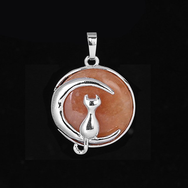 Pendentif Chat Lune pour Collier Rond Pierre Naturelle Chaton Mignon Ajustement Chanceux Femmes