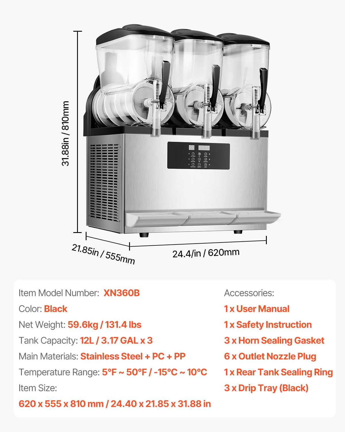 KFFKFF Commercial Slushy Machine, 12L*3 Tank Slushie Machine, 144CUPS Frozen Drink Machine with Temperature Preservation, Slushy Maker Machine