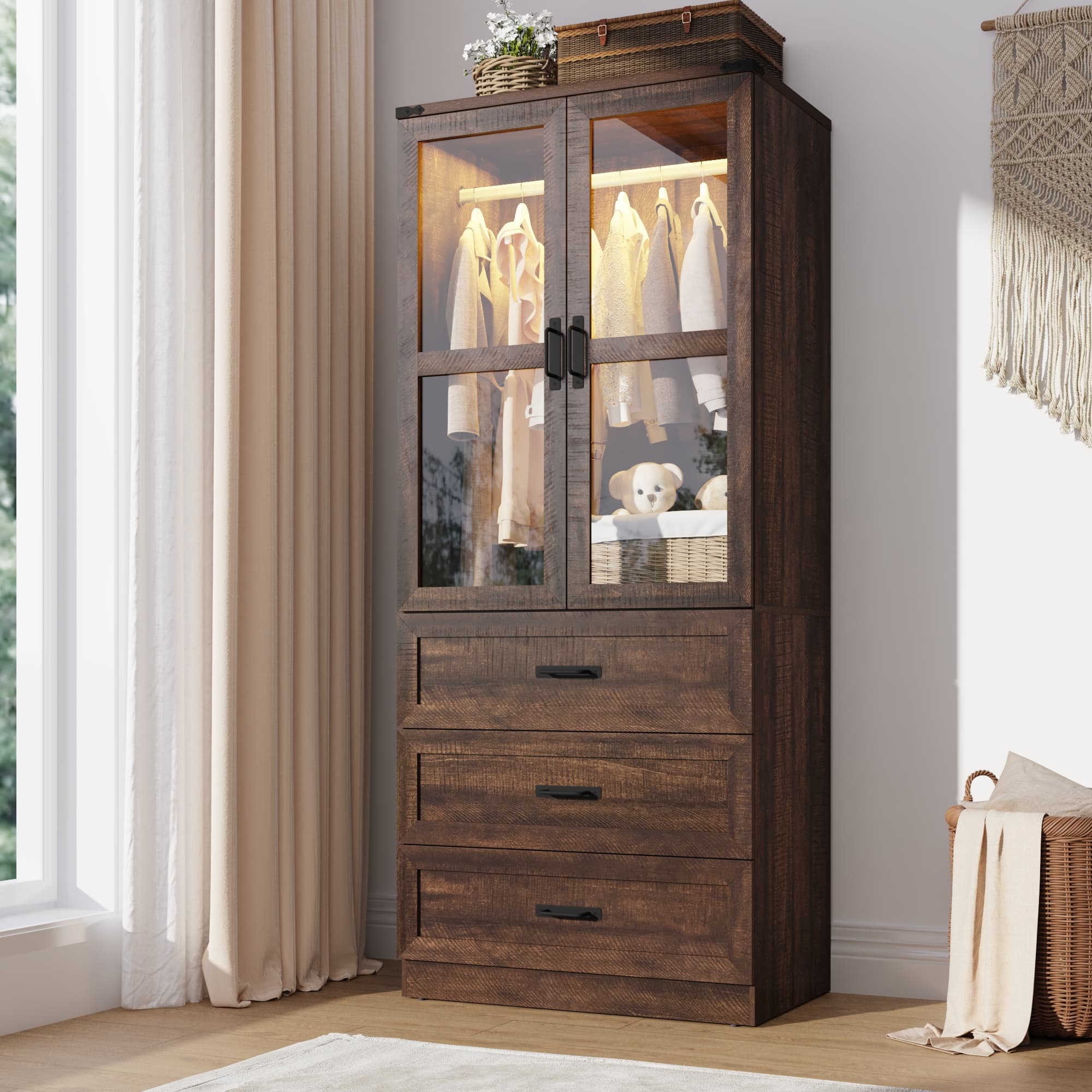 2 Glass Doors Armoire Wardrobe Closet with 3 Drawer & LED Light,75"H Wardrobe Closet Clothing Organizer with Hanging Rail for Bedroom