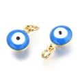 thumbnail image 2 of 5 pc Brass Enamel Beads Real 18K Gold Plated Long-Lasting Plated with Jump Ring Flat Round with Evil Eye Dark Blue 9.5x6.5x4.5mm Hole: 2.5mm, 2 of 2