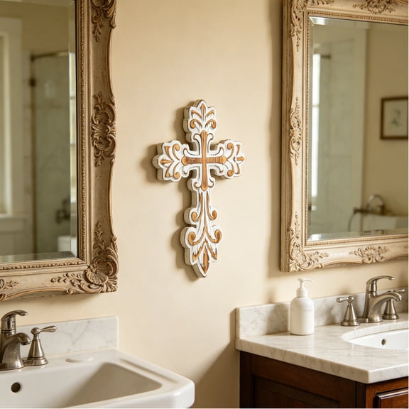 SOFE Rustic Wall Crosses for Home Decor - Washed White Decorative Cross - Wooden Cross Wall Decor for Home Room Decorative, Easter Religious Gifts Art Sculpture - Hand Carving Unique Pattern