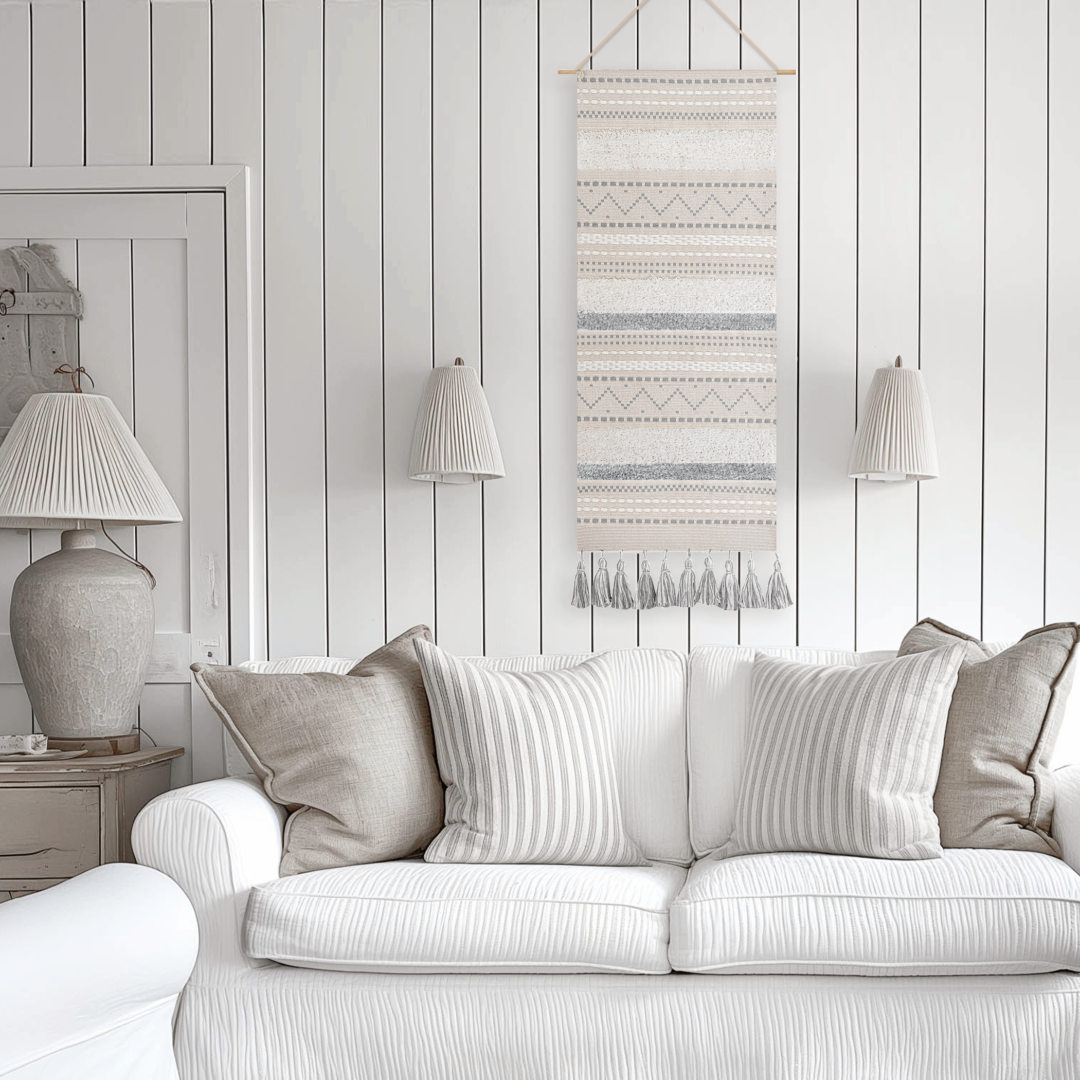 BlissBlush Long Vertical Wall Hanging Tapestry Woven Boho Farmhouse Decor Gray Cream Tassel Handmade Wall Art Decoration for Bedroom Living Room Dorm Nursery Apartment, 16x39 INCH
