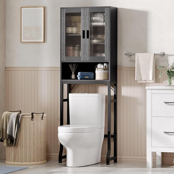 Fil-fresh Over The Toilet Storage Cabinet, Bathroom Organizer with Tempered Glass Doors, Thicken Metal Stand & MDF Wood, Freestanding Space Saver, Black