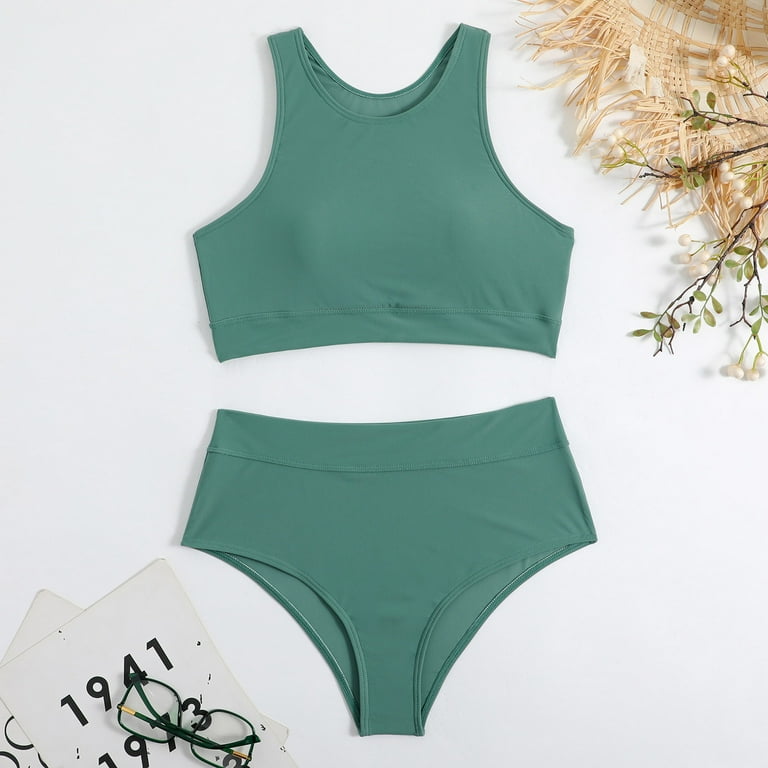 RQYYD Clearance Women Athletic Two Piece Swimsuits Sports High Waisted Bathing  Suit Crop Tops Bikini Set Tummy Control Tankini(Green,L) 