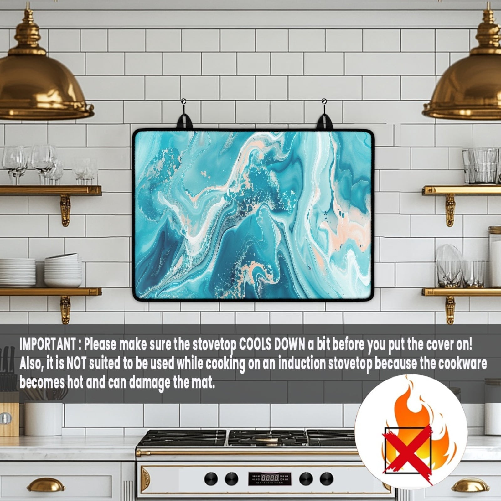 Renewold Glass Top Stove Cover for Electric Stove, Foldable Cooktop Protector Multipurpose Mat Washer Dryer Top Protector Kitchen Decor Accessories, Blue Marble