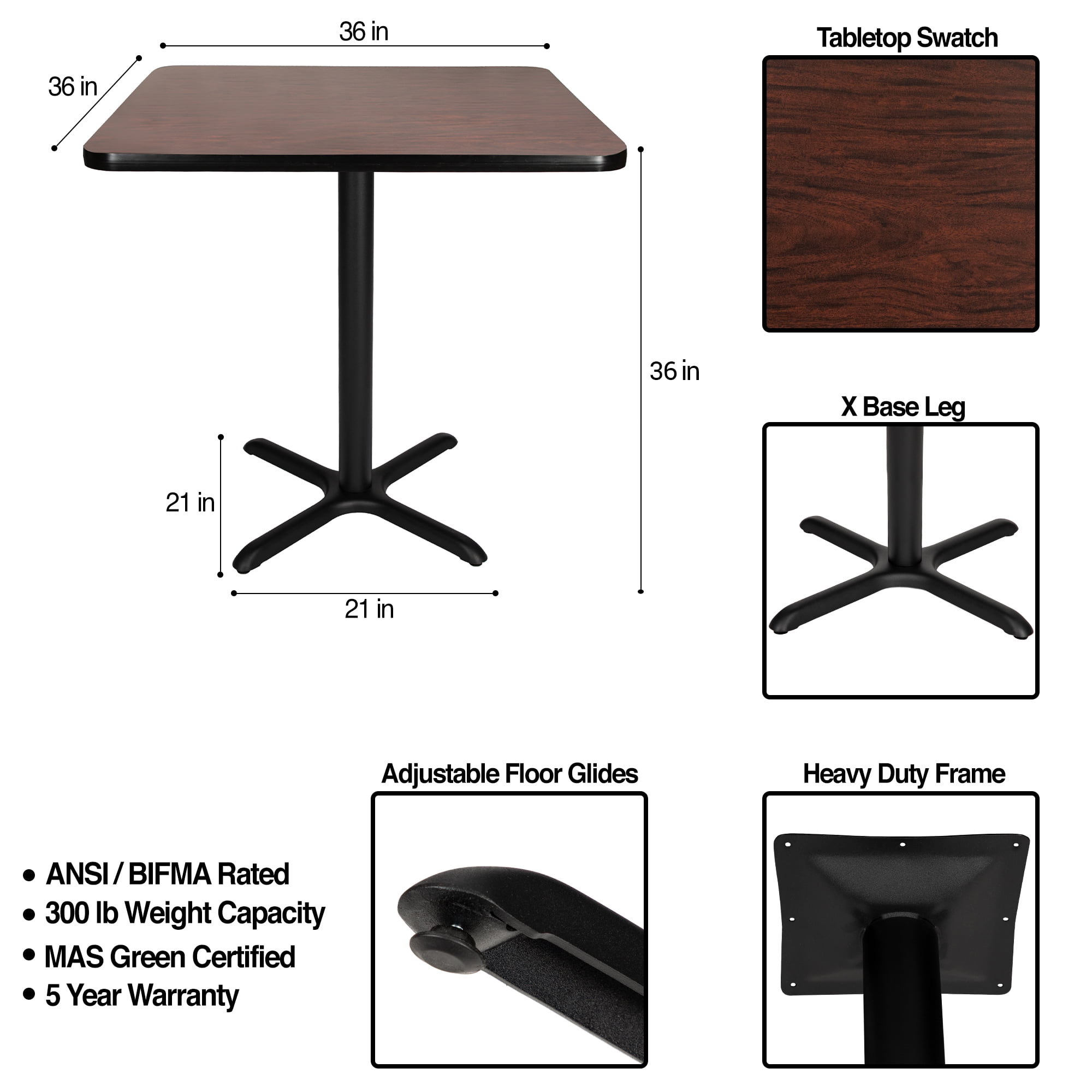 Hampden Furnishings Bennet Collection Steel Frame 36" Square Top, X Base, 36" Height Cafe Table, Black Frame/Mahogany Top